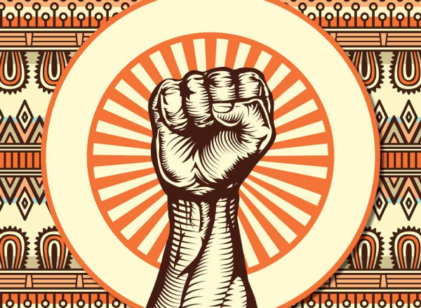 Símbolo da resistência afro-brasileira, mão negra e fechada desenhada com traços da cultura africana na frente de um fundo que remete também a cultura africana
